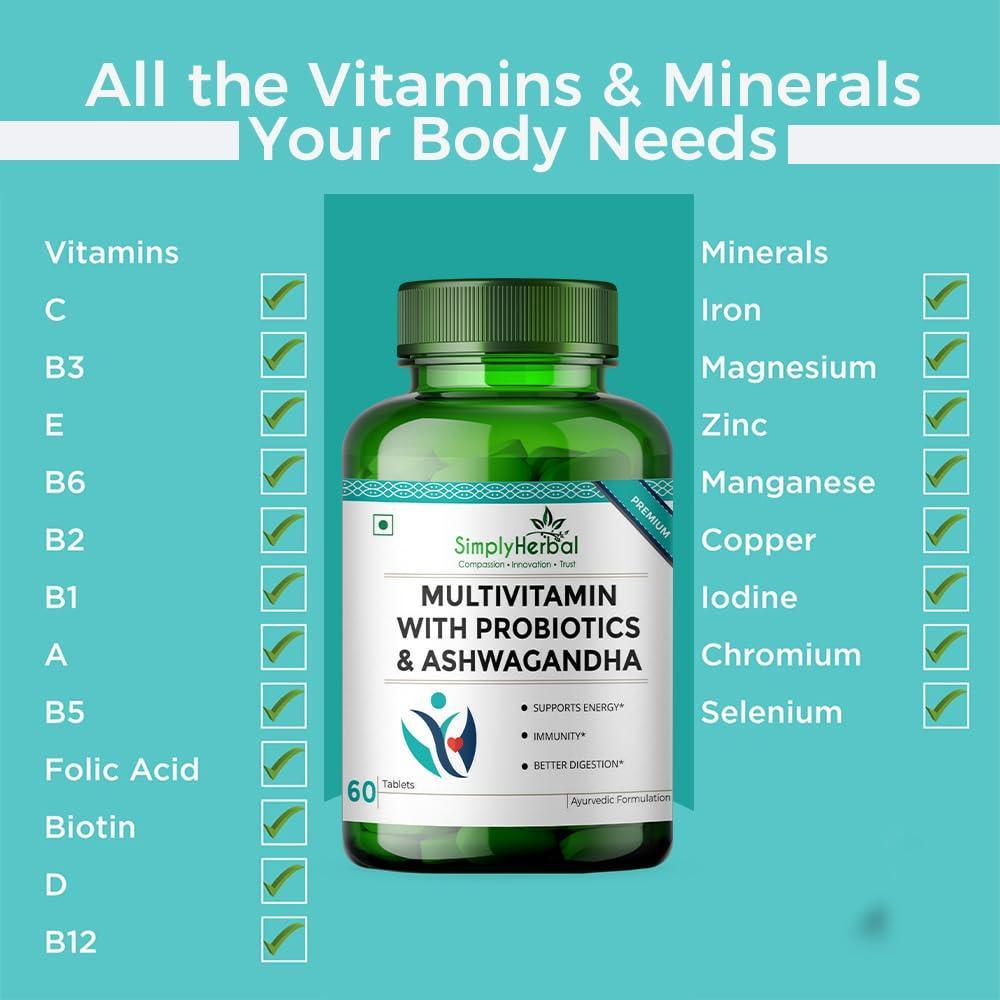 Simply Herbal Multivitamin With Probiotics & Ashwagandha Tablets - 60 Veg Tablets