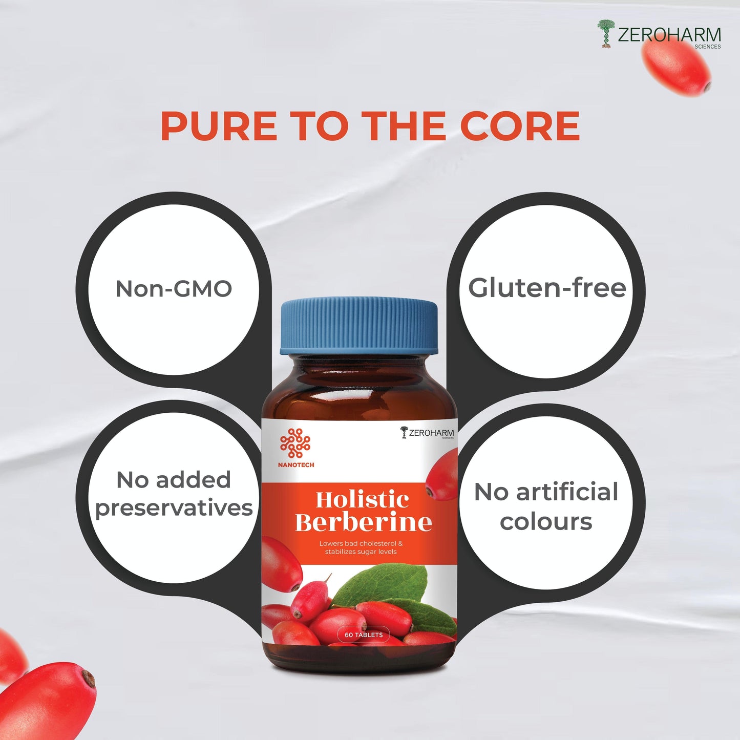 Zeroharm Holistic 98% Pure Berberine Tablets - 800mg Berberine Extract Per Day - Supports Healthy Blood Sugar, Cholestrol Levels for Men & Women - Nano Formulated 60 Tablets