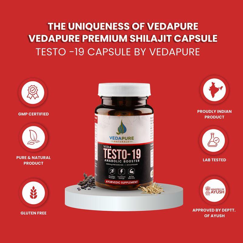 Vedapure Naturals Veda Testo-19 Capsules Anabolic Booster- Chota Gokhru, Shatavari, Safed Musli, Ashwagandha extracts - 60 Capsules