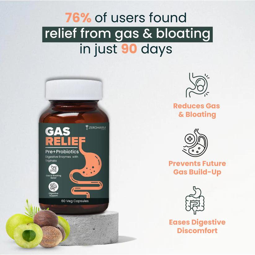 ZEROHARM Gas Relief Supplement for Bloating, Gut Health, Digestion for Men & Women - 60 Capsules