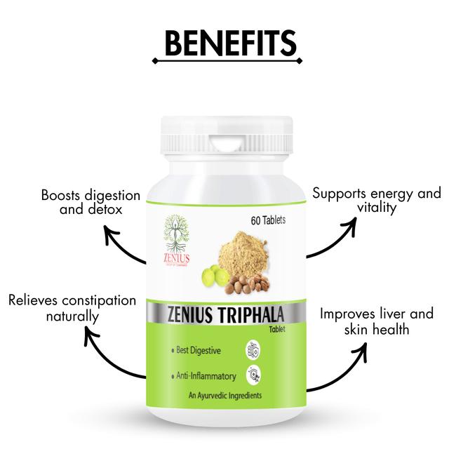 Zenius Triphala Tablets - Ayurvedic Digestive Support Tablets for Detox, Regularity, and Gut Health - 60 Tablets