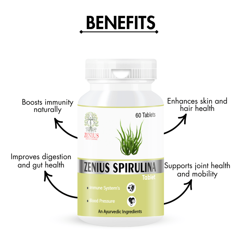 Zenius Spirulina Tablet - Nutrient-Rich Spirulina Tablets for Detoxification, Energy, and Immunity - 60 Tablets