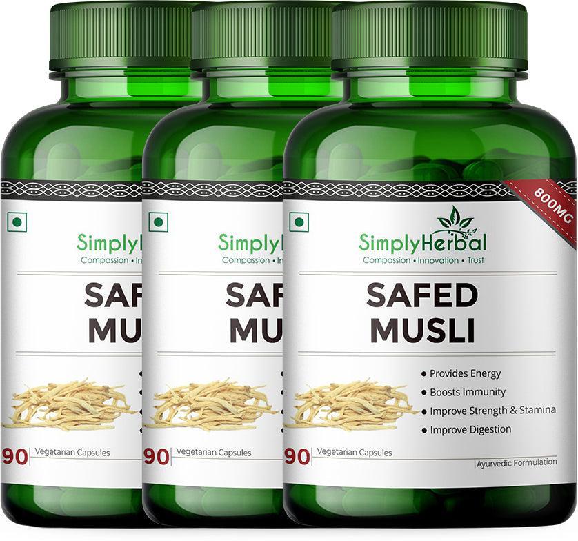 Simply Herbal Safed Musli 800mg Vegetarian Capsules - 90 Capules (Pack of 2 & 3)