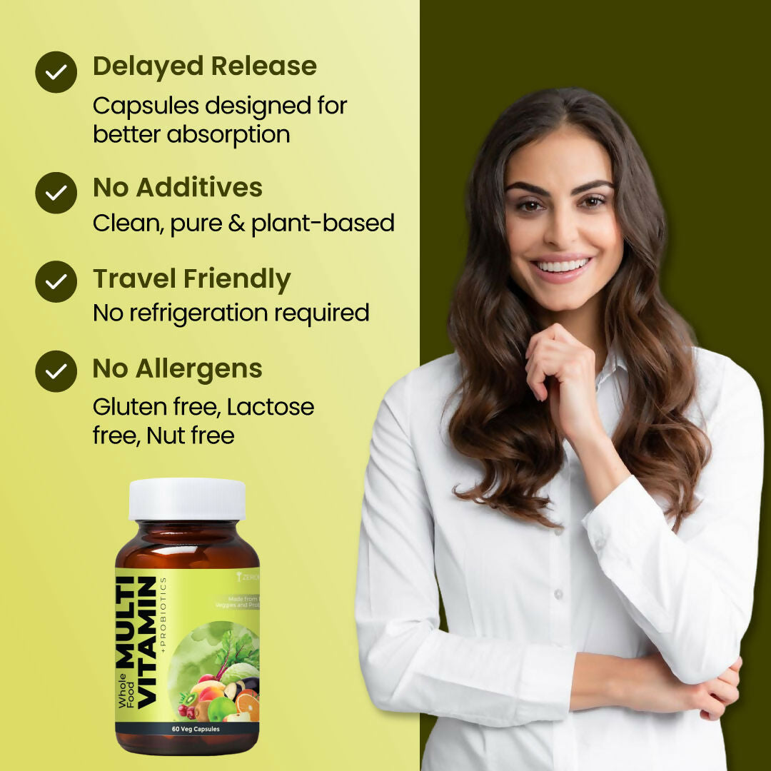 ZEROHARM Multivitamins + Probiotics Capsule With A, B , D & E Vitamins, Prebiotics for Energy, Gut Health, Digestion for Men & Women - 60 Veg Capsule