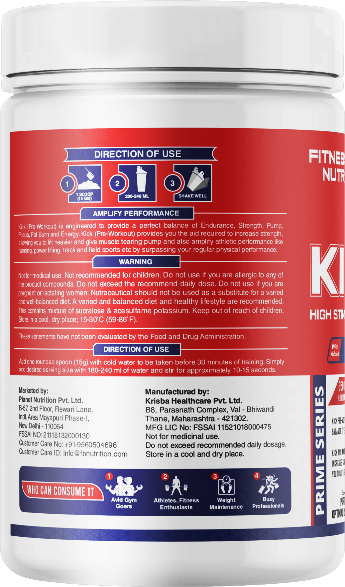 FB Nutrition Kick High Stim Pre-Workout Supplement - Mix Fruit - 400gm