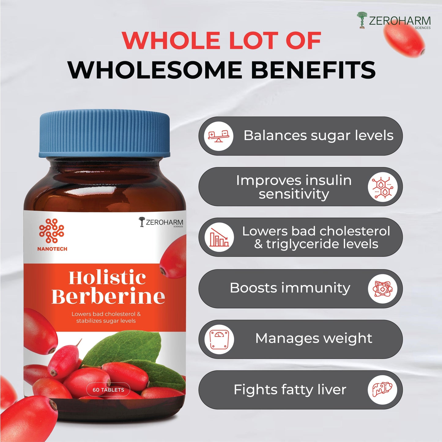 Zeroharm Holistic 98% Pure Berberine Tablets - 800mg Berberine Extract Per Day - Supports Healthy Blood Sugar, Cholestrol Levels for Men & Women - Nano Formulated 60 Tablets