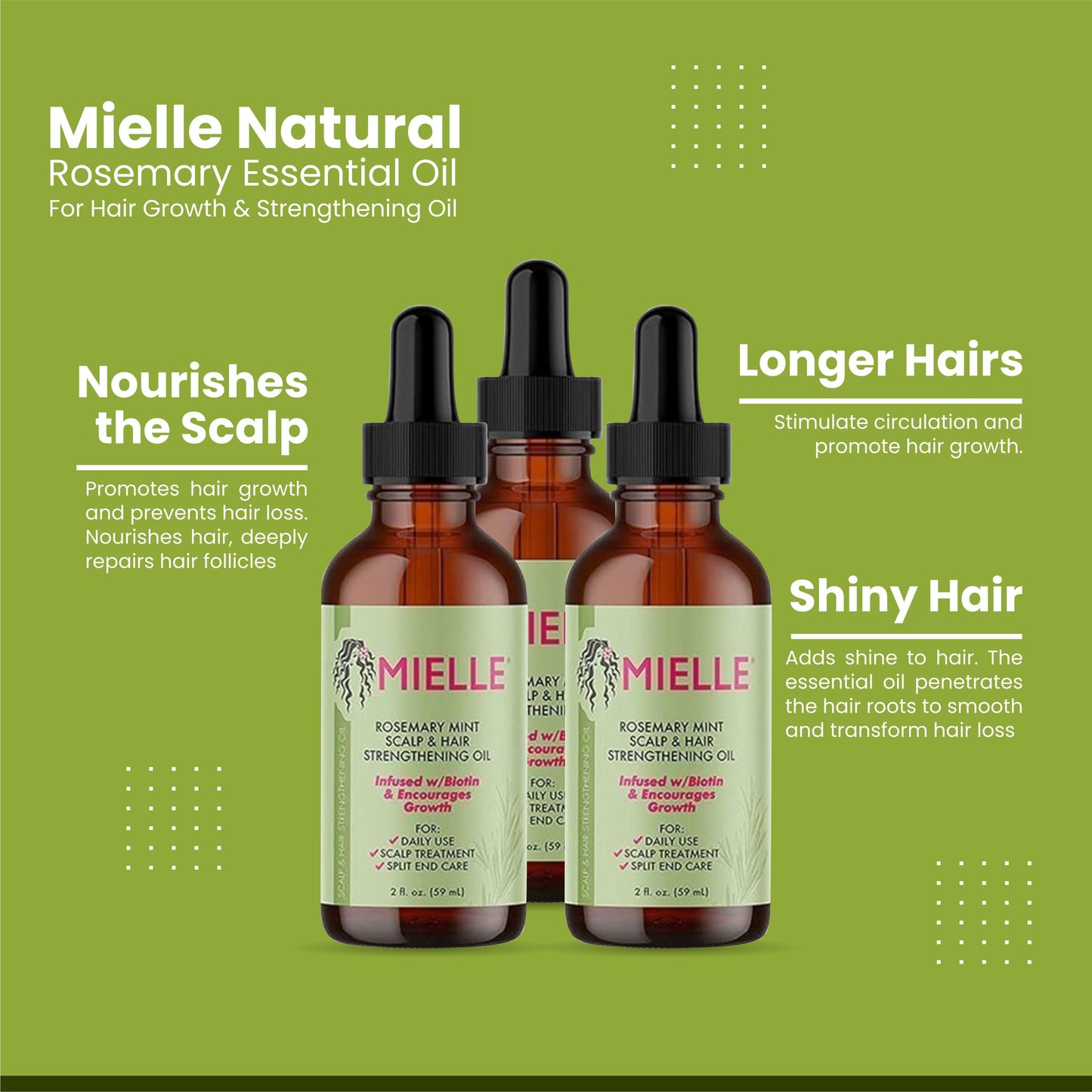 Mielle Rosemary Hair Oil - 3 Bottles - for Healthy Hair, Scalp, Hair Roots -100% Pure & Natural Undiluted 59 ML
