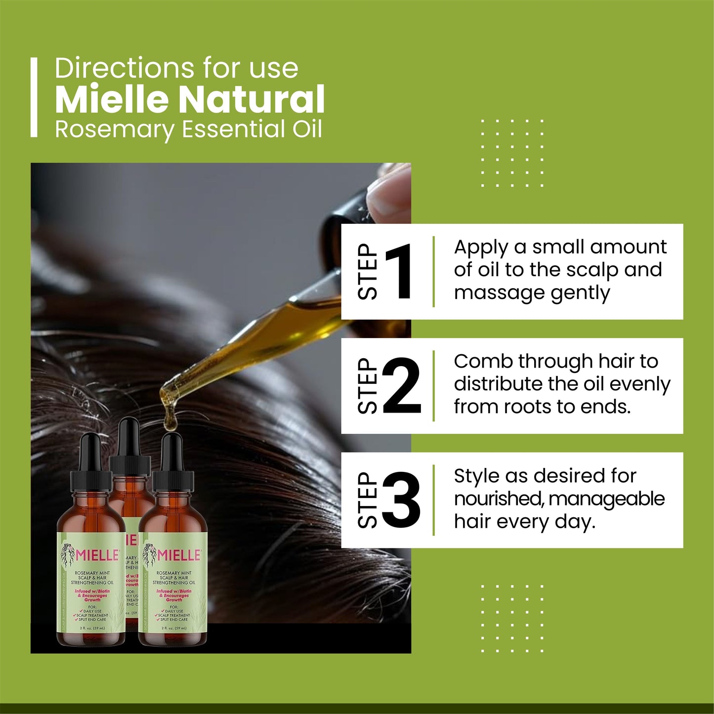 Mielle Rosemary Hair Oil - 3 Bottles - for Healthy Hair, Scalp, Hair Roots -100% Pure & Natural Undiluted 59 ML