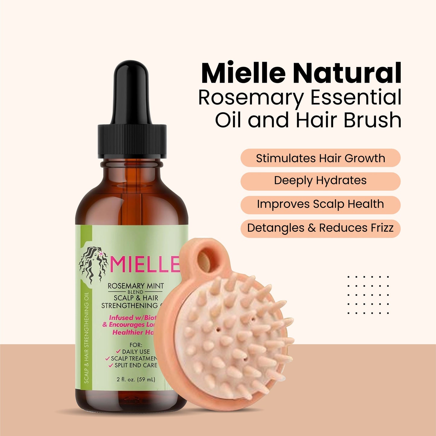 Mielle Rosemary Hair Growth & Strengthening Oil 59 ML + Super Soft Hair Brush – Anti-Dandruff, Exfoliating