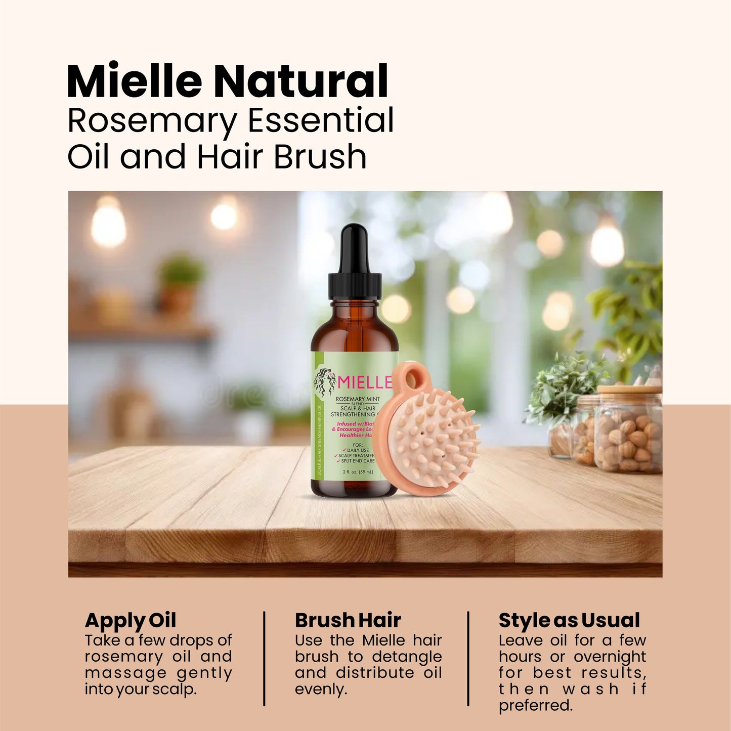 Mielle Rosemary Hair Growth & Strengthening Oil 59 ML + Super Soft Hair Brush – Anti-Dandruff, Exfoliating