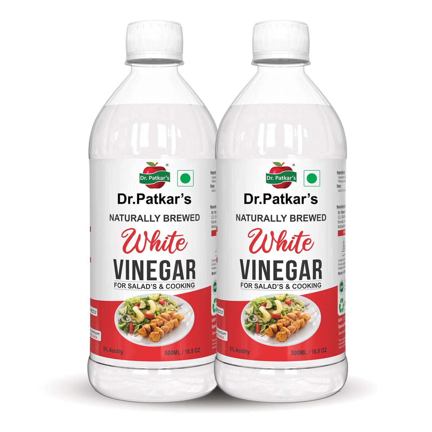Dr. Patkar's Naturally Brewed White Vinegar for Salad Cooking | Cleaning Purpose | Flavoursome & Nutritious (500ml) Pack of 2
