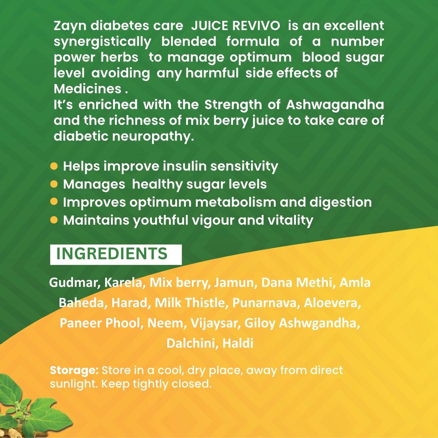 Zayn Revivo Diabo Free Juice | Ayurvedic Juice for Blood Sugar Balance & Diabetic Neuropathy | With Gudmar, Karela, Jamun, Ashwagandha | Mix Berry Flavour | 900 ml