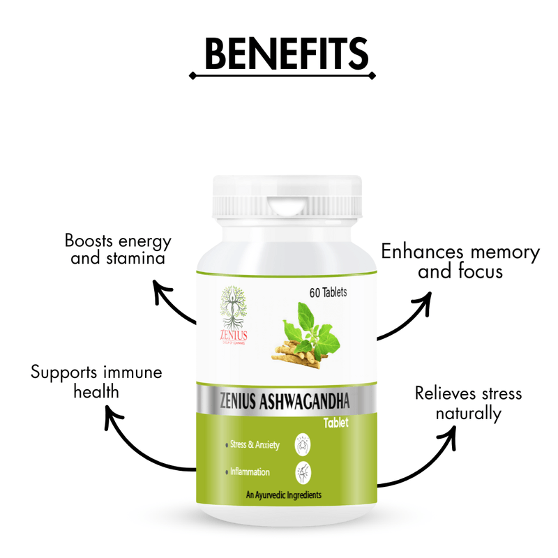 Zenius Ashwagandha Tablet - for Stress Relief and Energy-Boosting Tablets for Mental Clarity and Vitality - 60 Tablets