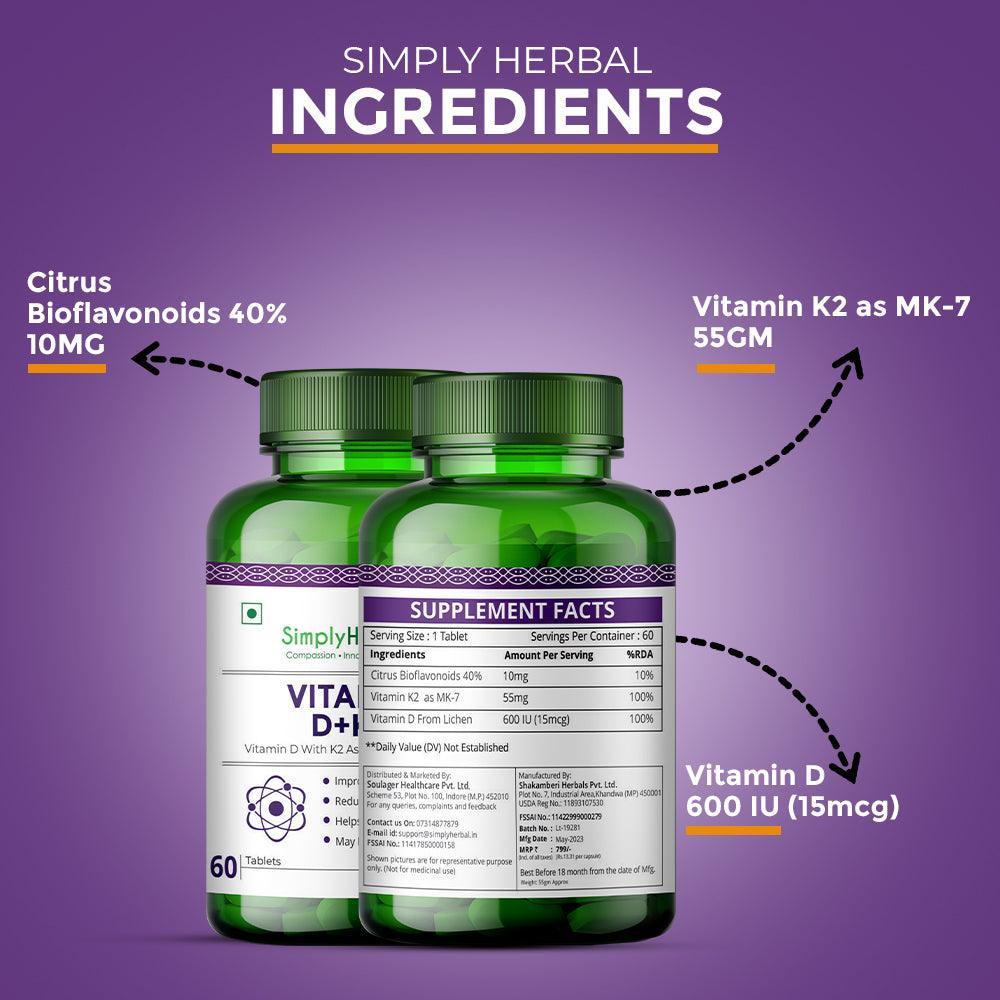 Simply Herbal Plant Based Vitamin D-K2 Tablet - 60 Tablets (Pack of 2)