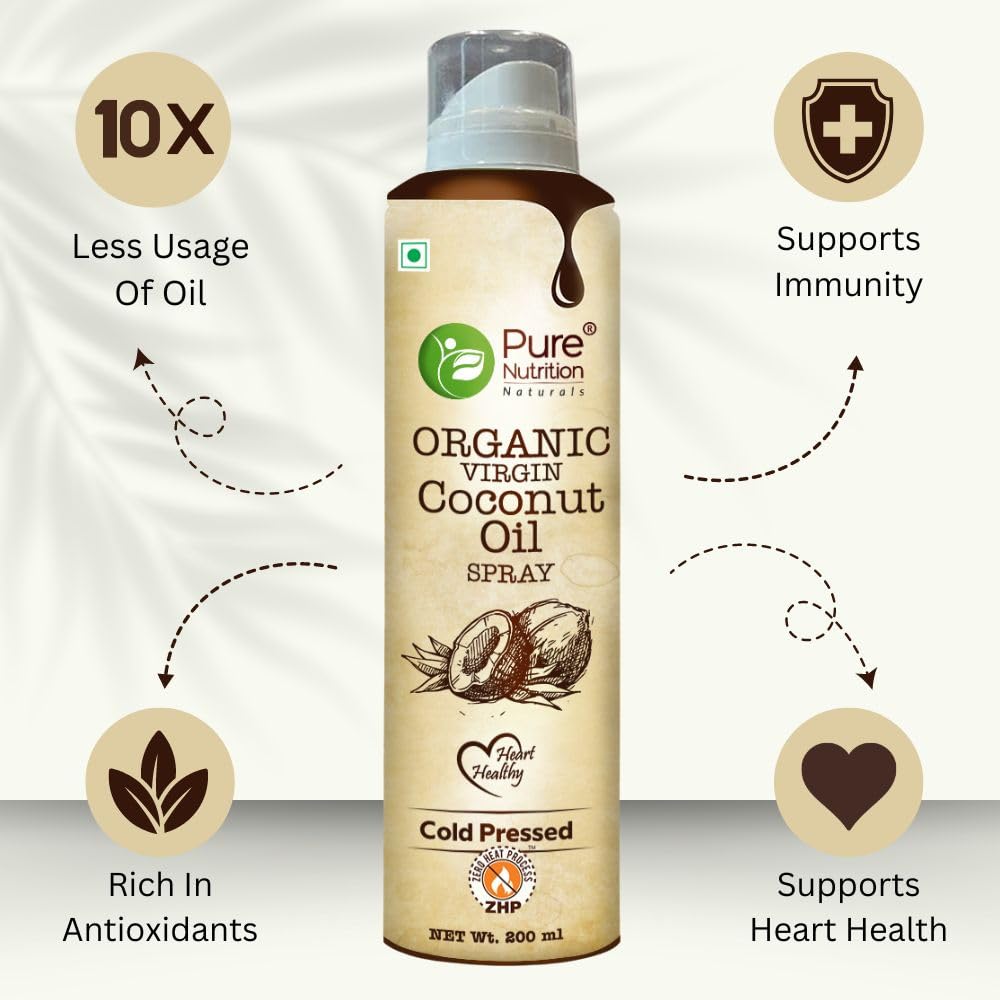 Pure Nutrition Organic Extra Virgin Coconut Oil Spray - 200ml | Pure, Edible & Cold Pressed | Ideal for Cooking, Baking & Salad Dressing | Non-GMO, Zero Cholesterol | Easy-to-Use Spray for Skin & Hair Care