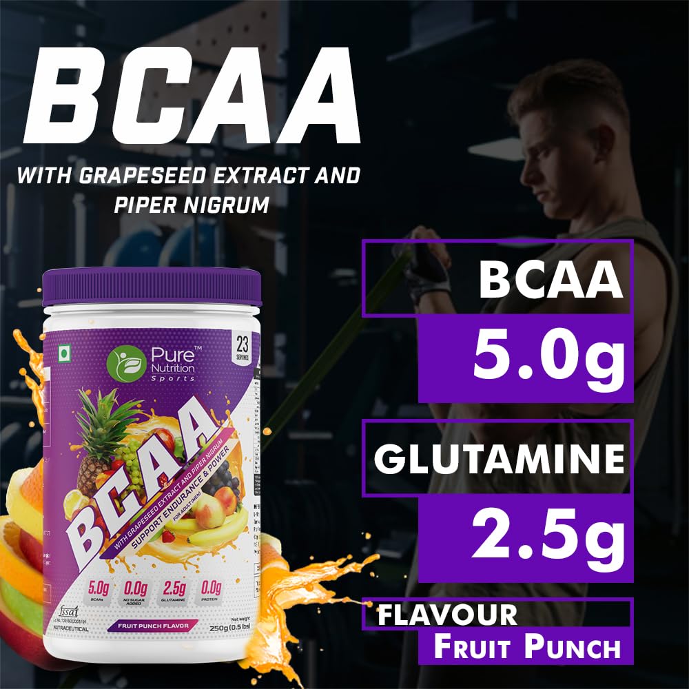 Pure Nutrition Sports BCAA supplement 2:1:1, Fruit Punch Flavor with L-Glutamine, Electrolytes, Grapeseed & Piperine, Sugar Free Amino Acid Supplement, Workout Muscle Recovery Drink for Muscle Growth, 250g, 23 Servings