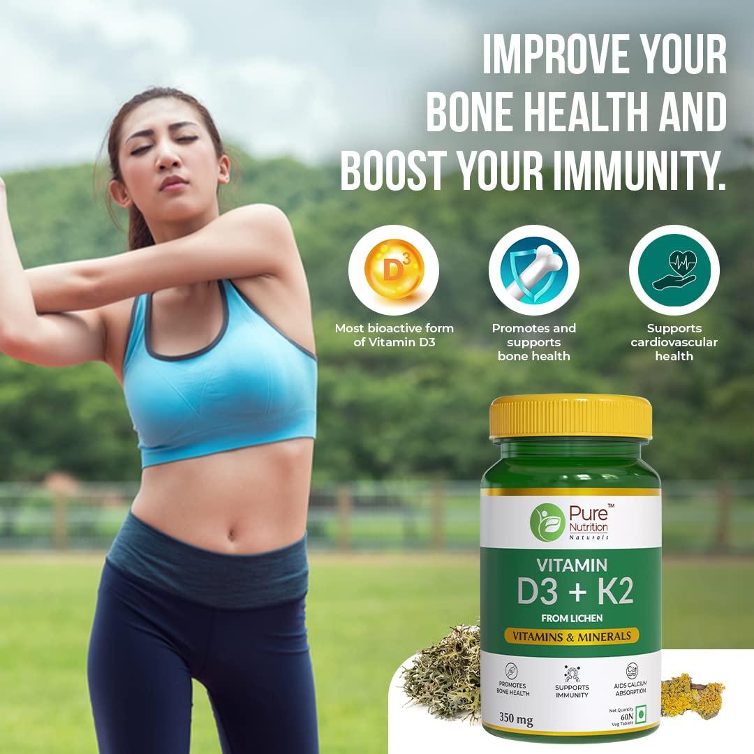 Pure Nutrition Vitamin D3 + K2 Tablets - Daily Wellness Supplement For Strong Bones, Immunity, Joint & Heart Health For Men & Women
