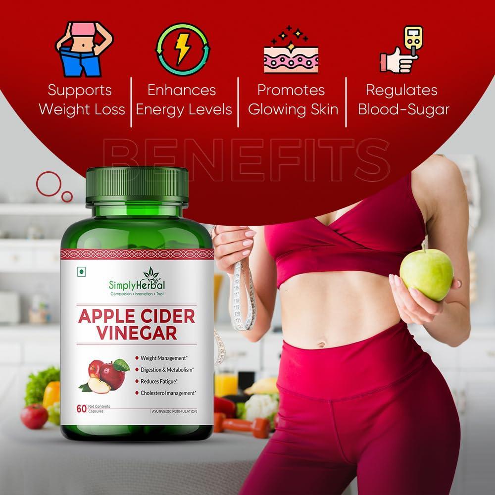 Simply Herbal Apple Cider Vinegar Capsules - 500mg Supplement for Weight Management | ACV Capsules, Probiotics Blend, Boost Metabolism, Belly Fat Loss- 60 Veg Capsules