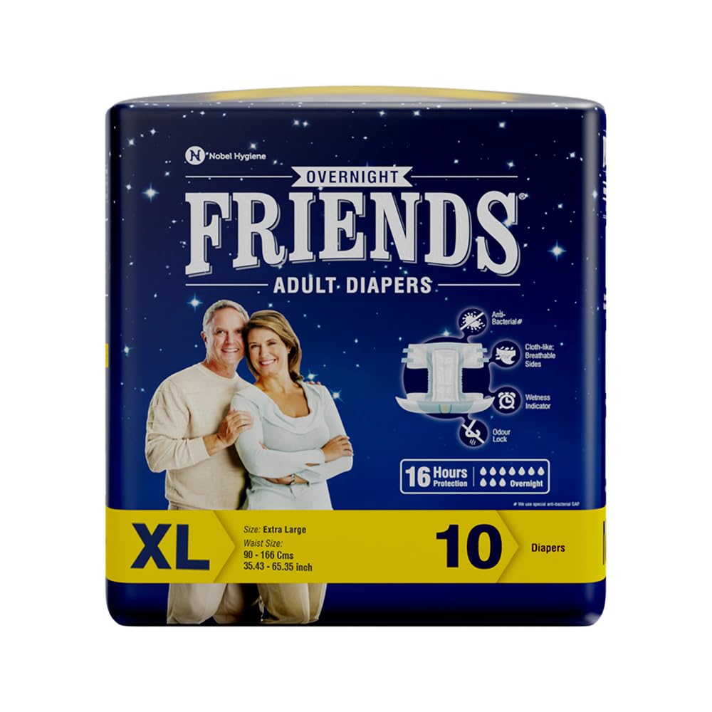 Friends Overnight Adult Diaper Tape XL - 10 Count (Extra Large) with odour lock, Unisex, Leakproof and Anti-Bacterial Absorbent Core - Waist Size 35.43-65.35 inch; 90-166 cm
