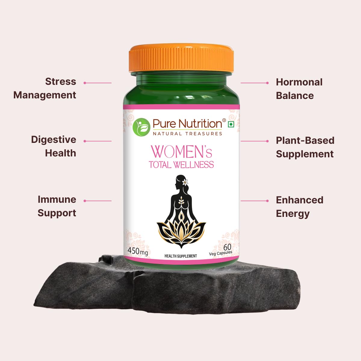 Pure Nutrition Women's Total Wellness Capsules  | Supports Stress Management, Digestive Health, Enhanced Energy, Hormonal Balance, & Improved Immunity & Metabolism | 60 Veg Capsules