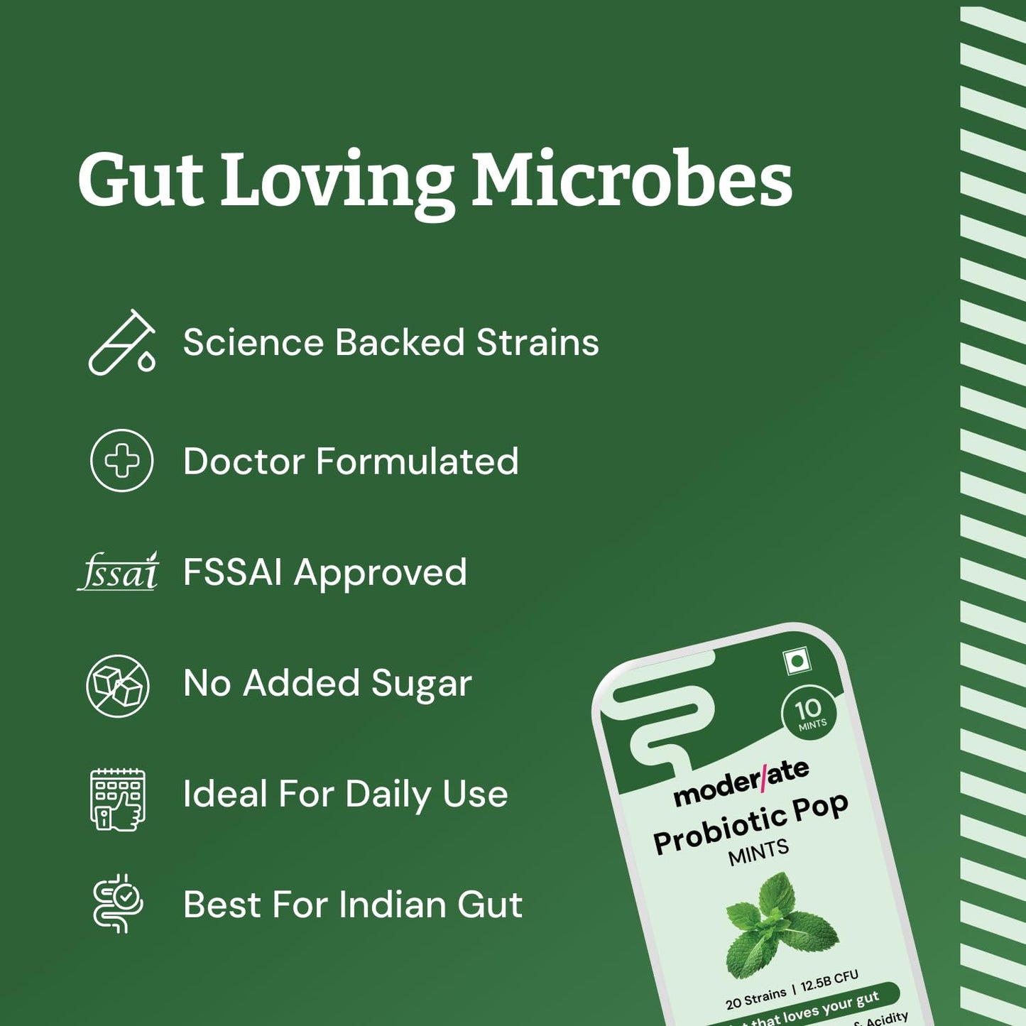 Moderate Probiotic Pop Mints with 20 Good Bugs & Strains | Sugar-Free Daily Probiotic for Bloating, Acidity, Indigestion & Gut Health