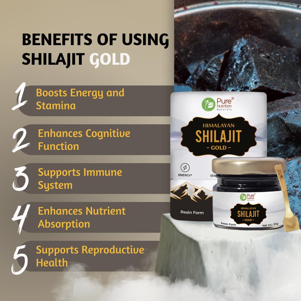 Pure Nutrition Shilajit Gold Resin with Ashwagandha & Natural Ayurvedic Ingredients | Supports Energy, Stamina & Well-Being - 20g