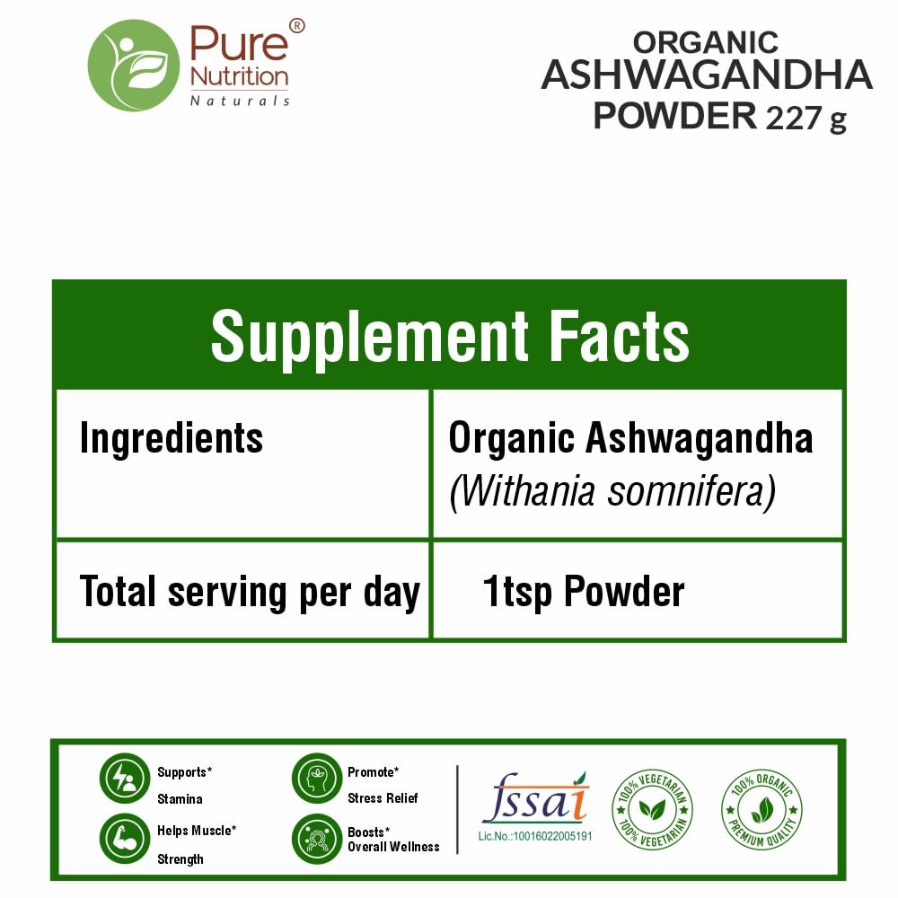 Pure Nutrition Organic Ashwagandha Powder - 227g | 100% Pure and Natural | Supports Stress Relief, Vitality, and Overall Wellness