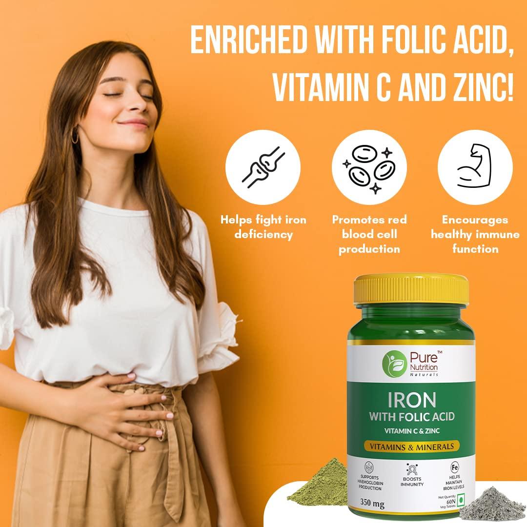 Pure Nutrition Iron with Folic Acid Veg Tablet with Vitamin C & Zinc | For Haemoglobin Production