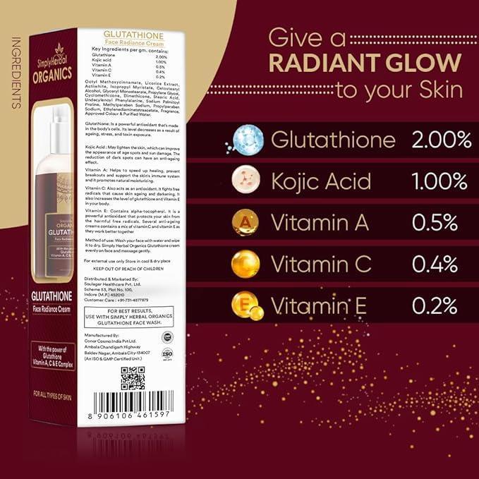 Simply Herbal Organics L Glutathione Face Cream with Vitamin A, C & E for All Skin Type, Anti Aging, Dark Spots removal, Skin Radiance, Pigmentation and Skin Care Cream, 50gm