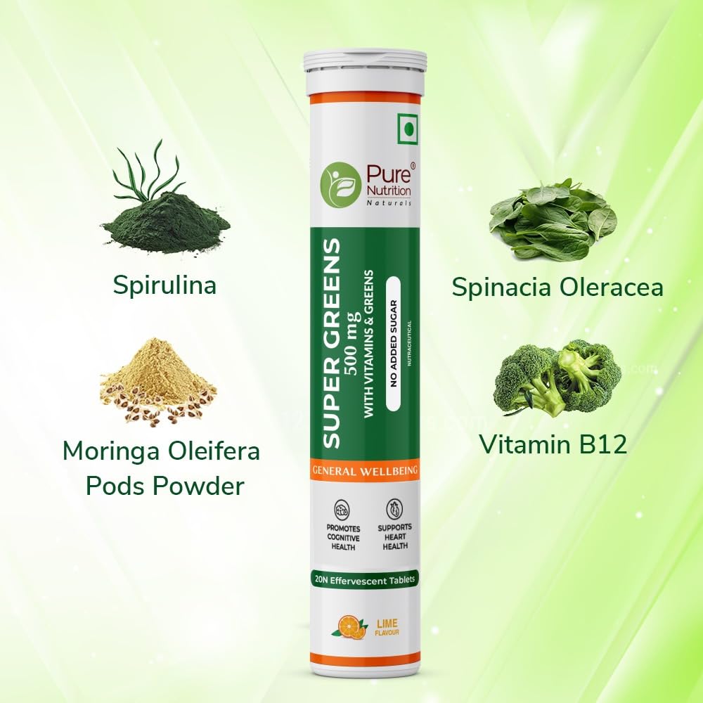 Pure Nutrition Super Greens 500mg Effervescent Tablet Lime - 20 Tablets