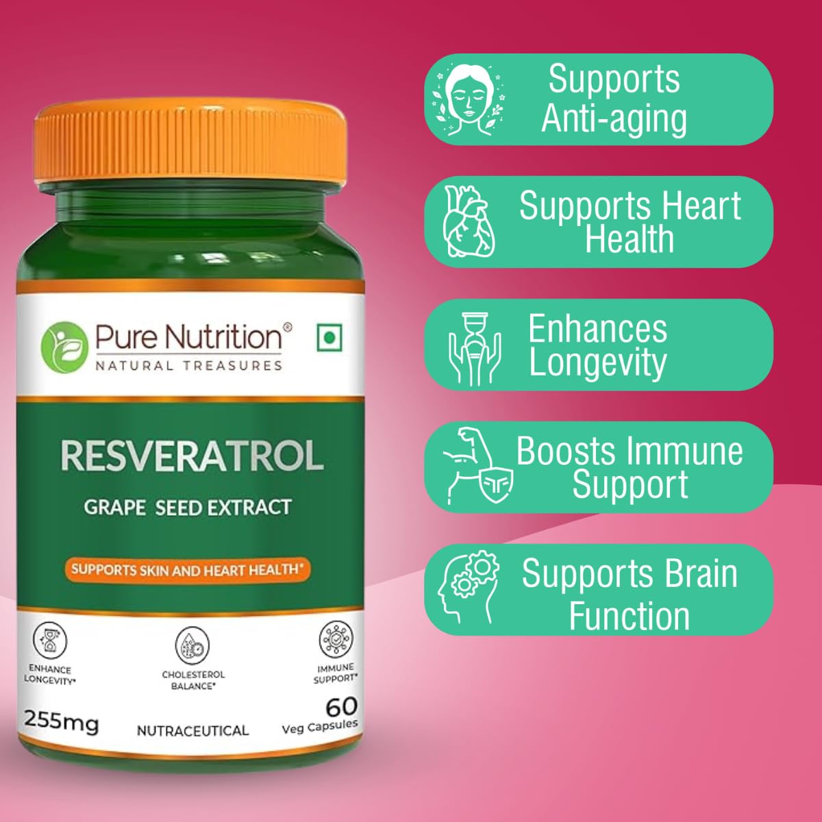 Pure Nutrition Resveratrol Capsules 255mg for Anti-Aging, Heart Health & Immunity | Powerful Antioxidant with Grape Seed Extract for Skin Radiance & Healthy Aging