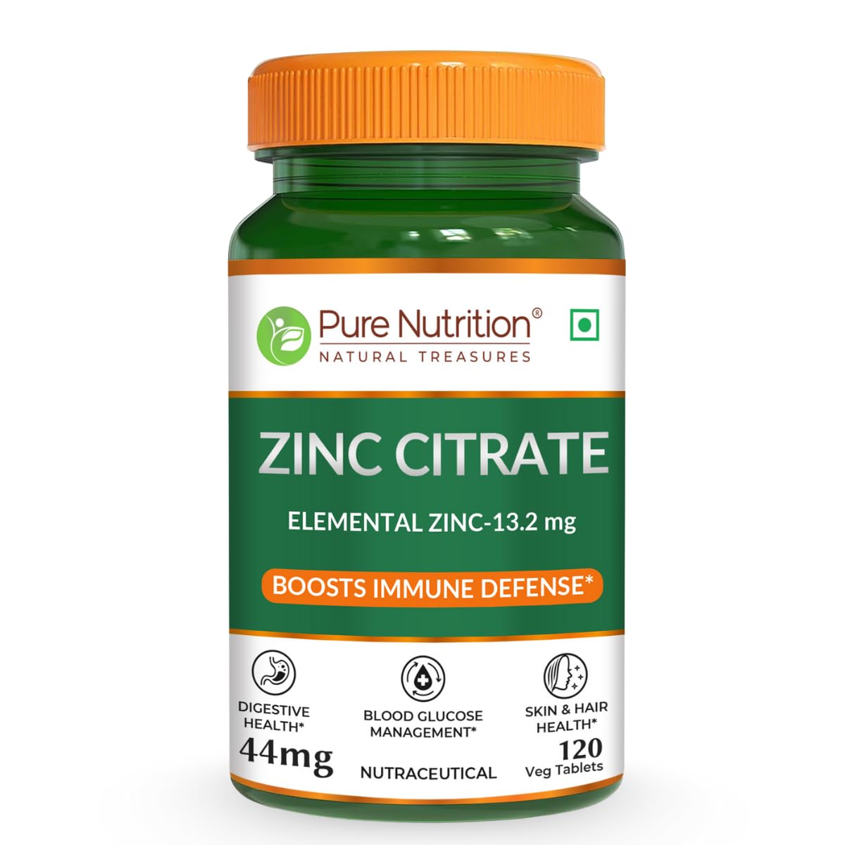 Pure Nutrition Zinc Citrate Tablets 44mg | High Absorption Zinc Supplement for Immunity, Blood Sugar & Bone Health | Supports Muscle Recovery, Skin Glow, Hair Strength & Nail Growth | Essential Mineral for Overall Wellness – 120 Veg Tablets
