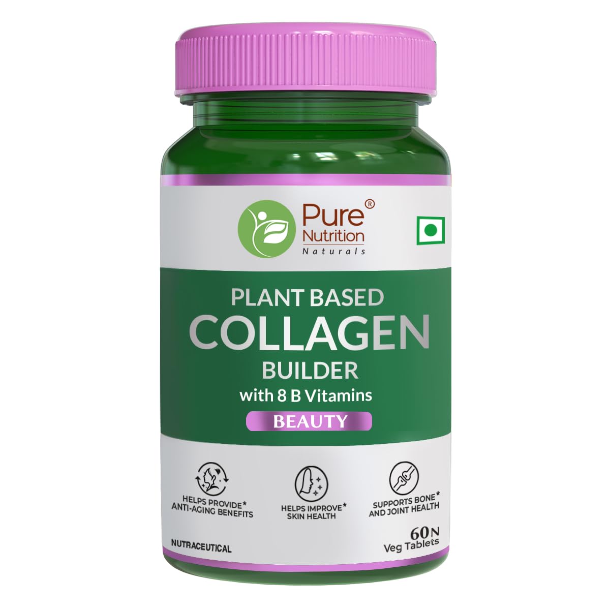 Pure Nutrition Plant based Collagen Builder Tablets with 8 B Vitamins, Biotin & Vitamin C for Glowing Skin, Strong & Healthy Hair, Nails, Bones & Joints - 60 Veg Tablets