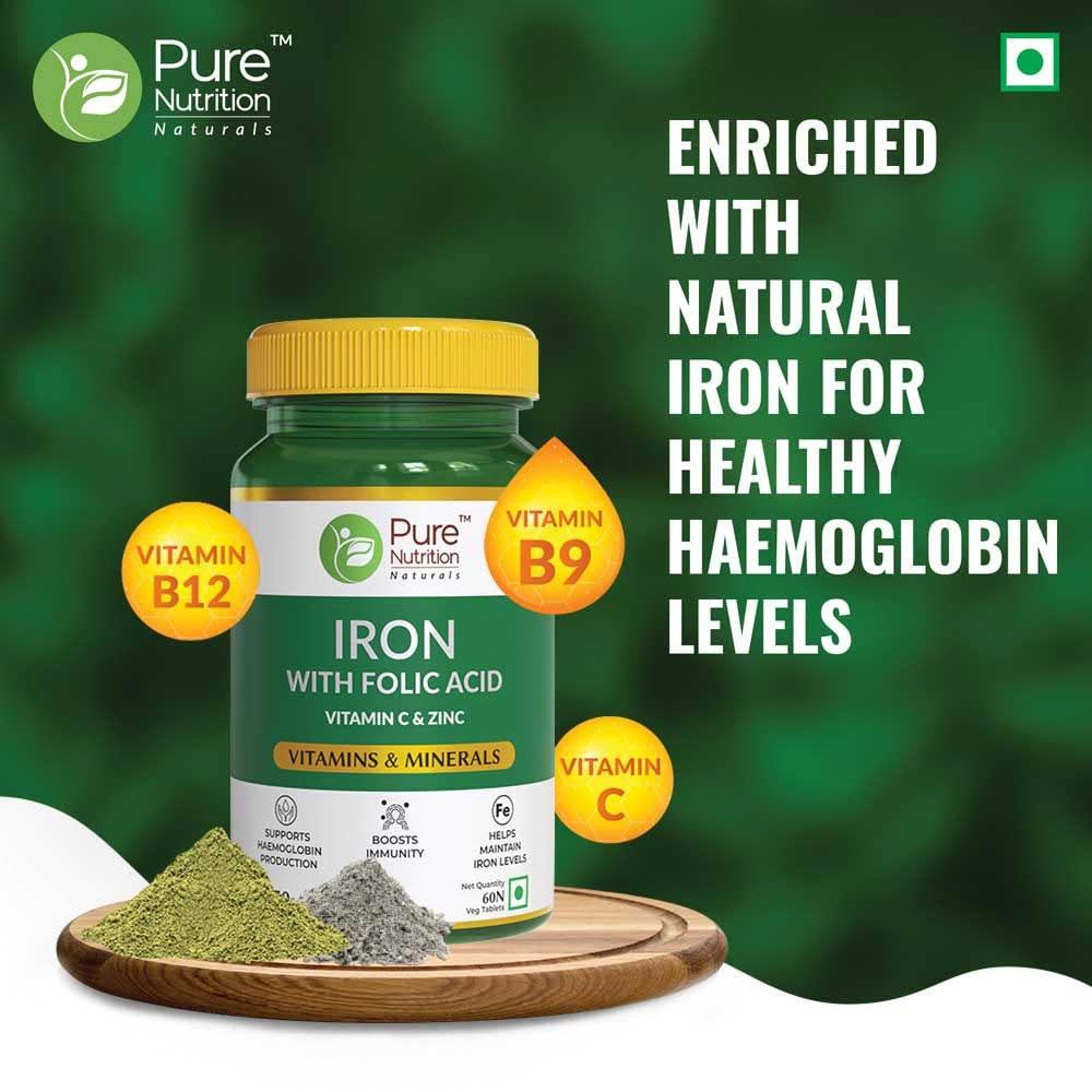 Pure Nutrition Iron with Folic Acid Veg Tablet with Vitamin C & Zinc | For Haemoglobin Production