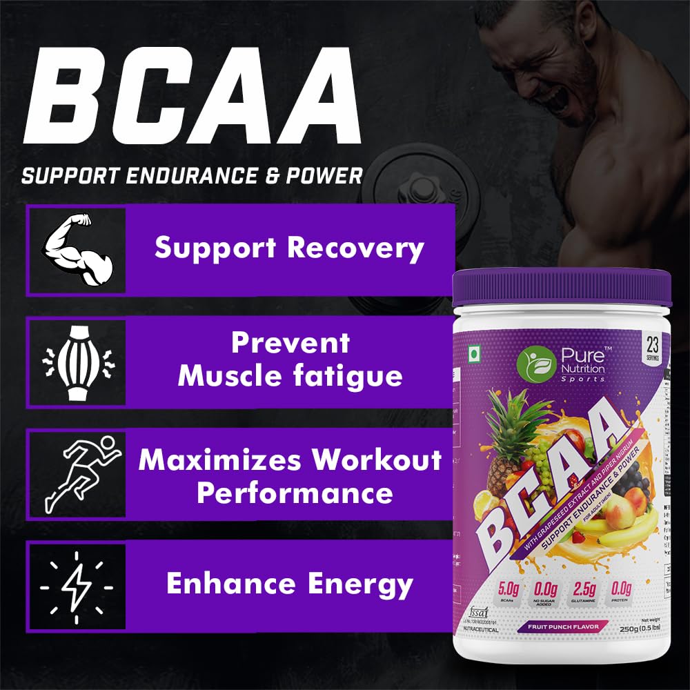 Pure Nutrition Sports BCAA supplement 2:1:1, Fruit Punch Flavor with L-Glutamine, Electrolytes, Grapeseed & Piperine, Sugar Free Amino Acid Supplement, Workout Muscle Recovery Drink for Muscle Growth, 250g, 23 Servings