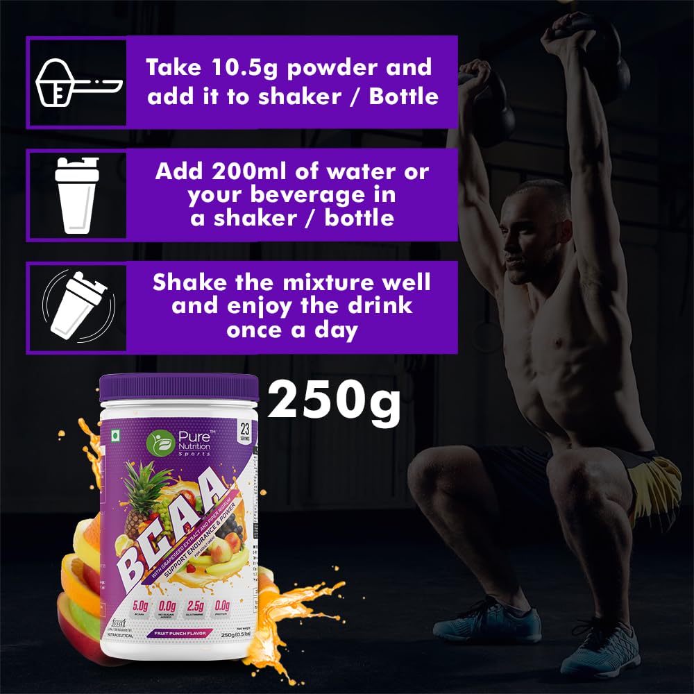 Pure Nutrition Sports BCAA supplement 2:1:1, Fruit Punch Flavor with L-Glutamine, Electrolytes, Grapeseed & Piperine, Sugar Free Amino Acid Supplement, Workout Muscle Recovery Drink for Muscle Growth, 250g, 23 Servings