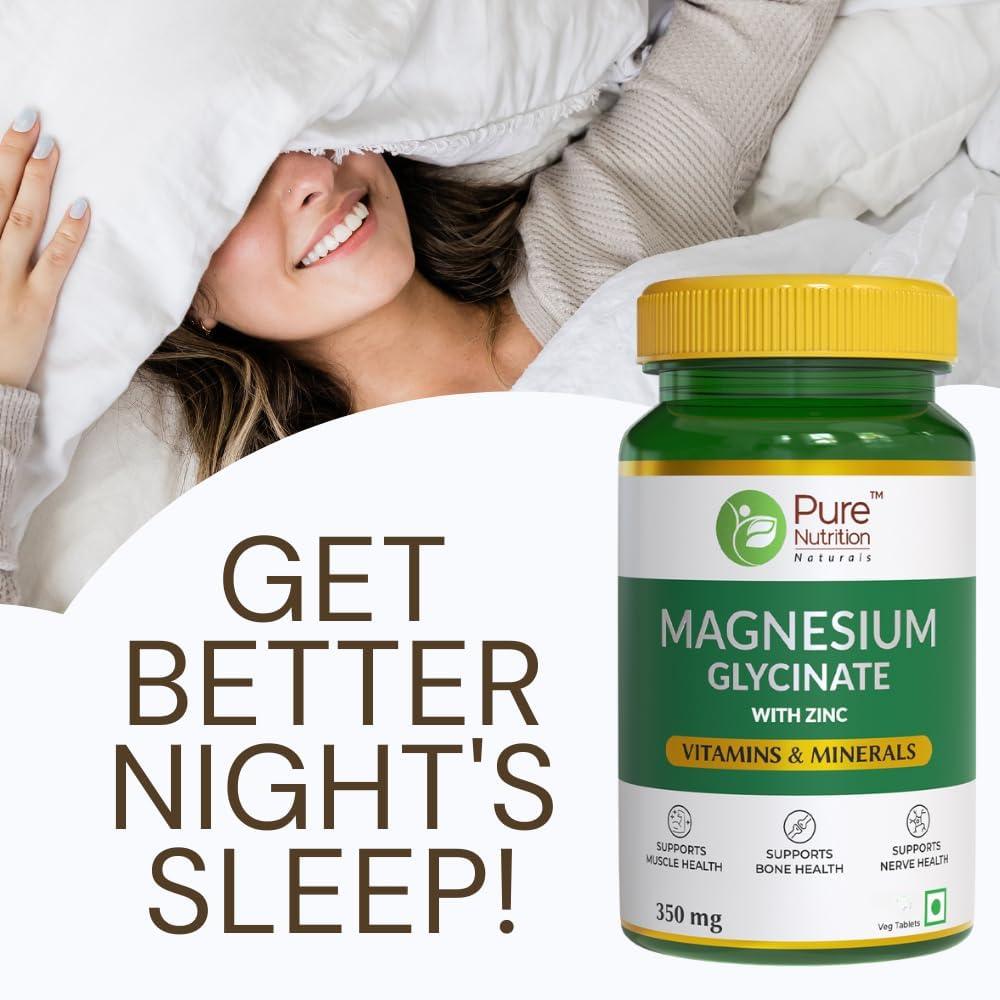 Pure Nutrition Magnesium Glycinate Tablet with Zinc for Bones, Muscles & Nerve Health - 60 Tablets