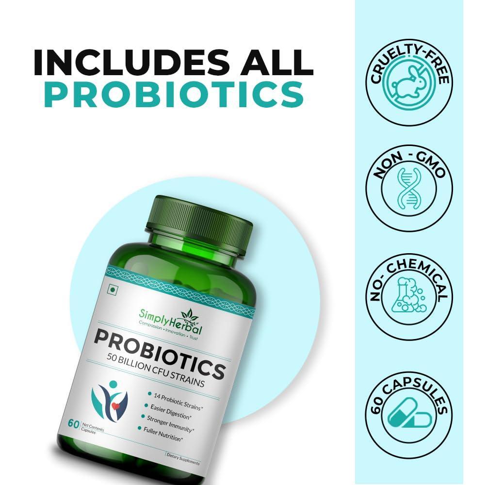 Simply Herbal Probiotics 50 Billion CFU Strains Capsules for Men & Women - 60 Capsules