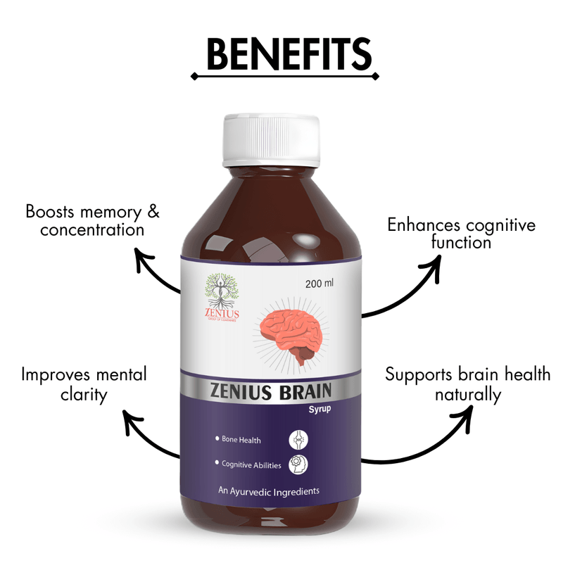 Zenius Brain Tonic - Ayurvedic Brain Wellness Formula for Memory Enhancement, Focus, and Mental Clarity - 200ml Syrup