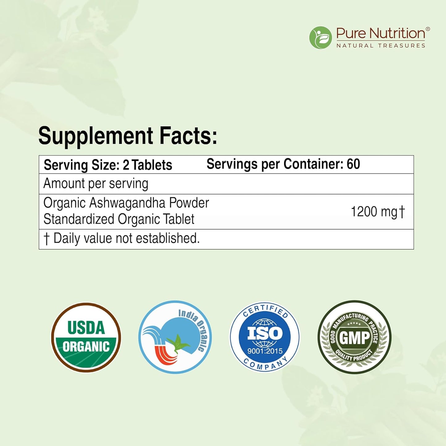 Pure Nutrition Organic Ashwagandha Tablets - Supports Stress Relief, Sleep, Fertility, Immune Health, Vitality & Strength | Natural Adaptogen for Men & Women | Promotes Energy & Overall Wellness | Ayurvedic Supplement - 120 Veg Tablets