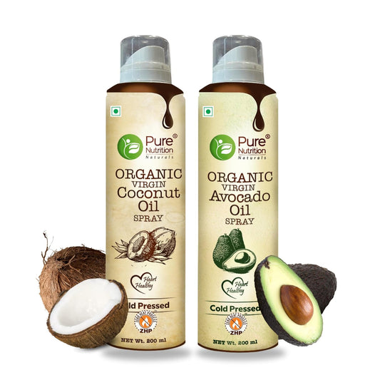 Pure Nutrition Combo Pack Of Virgin Coconut Oil & Avocado Oil Cooking Spray 200ml |100% Organic | Low Calorie Cooking - 10X LESS Oil | For Cooking, Dressing, Sauteing, Baking & Frying | Good for Skin
