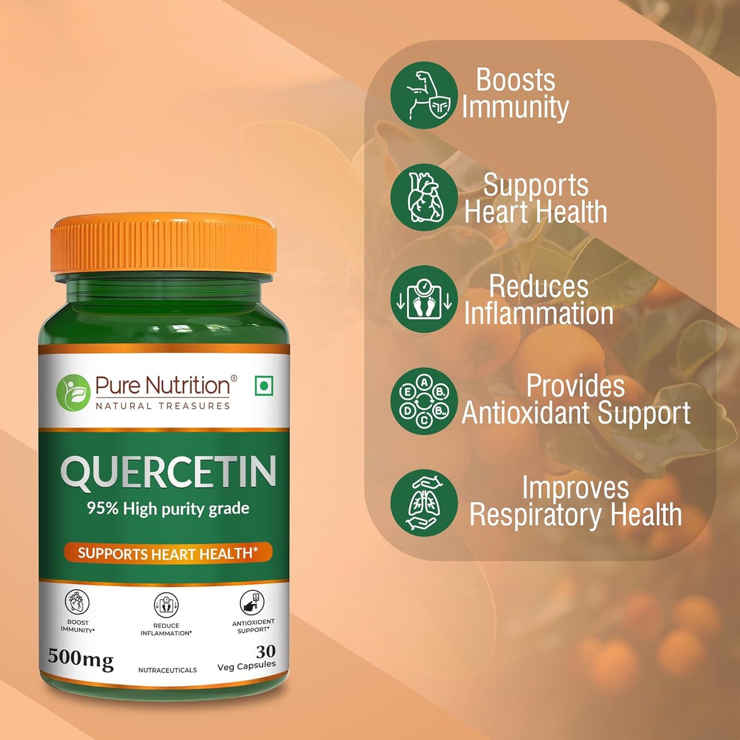 Pure Nutrition Quercetin Capsules 500mg - High Purity 95% Extract | Supports Immunity, Reduces Inflammation, Boosts Antioxidant Defenses & Promotes Heart Health | Helps Respiratory Health & Seasonal Allergy Relief - 30 Veg Capsules