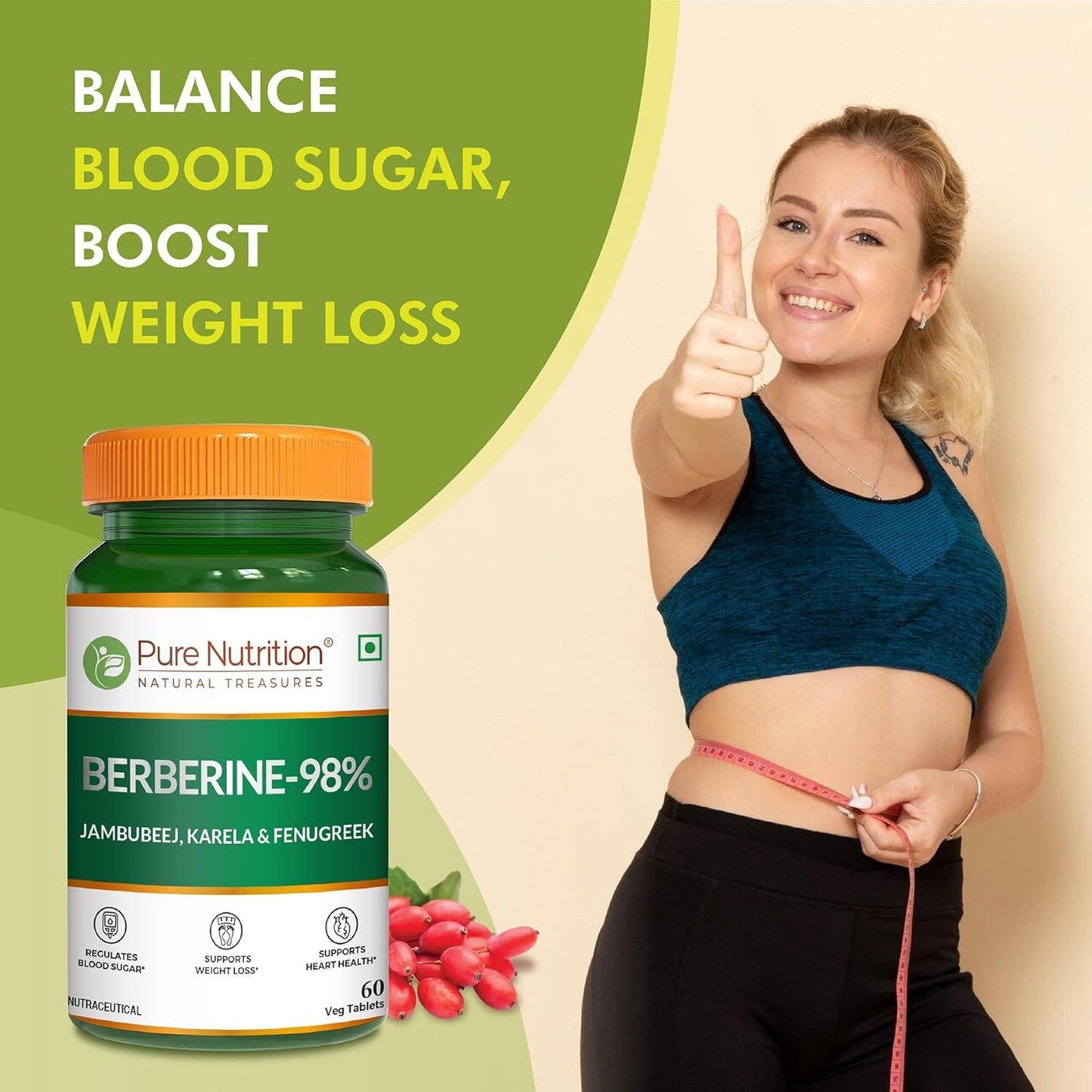Pure Nutrition 98% Berberine Tablets - 60 Tablets with Jamun Beej, Karela & Fenugreek Extract