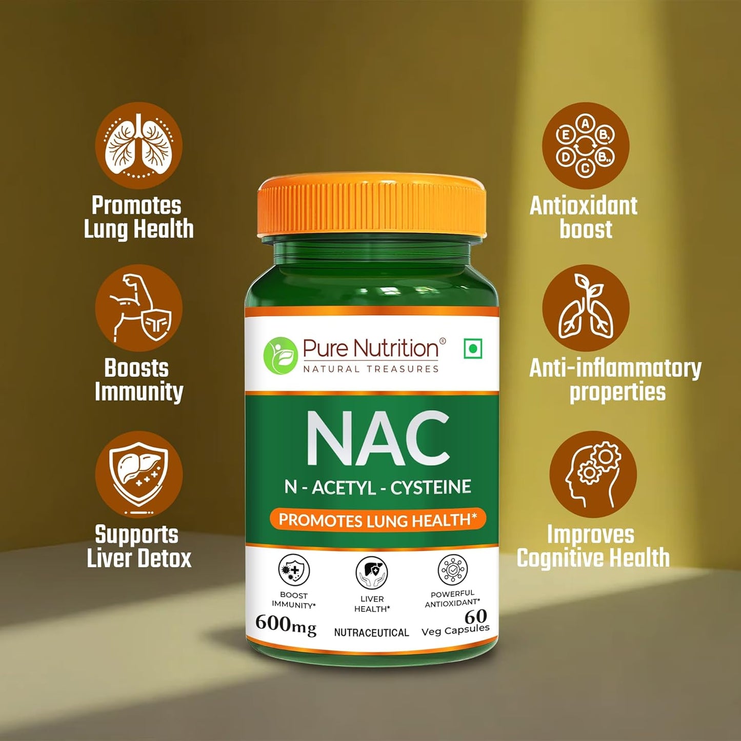 Pure Nutrition NAC (N-Acetyl L-Cysteine) Capsules - 600mg for Immunity, Lung & Respiratory Health | Enhances Liver Detox, Reduces Oxidative Stress, Boosts Cellular Health for Men & Women - 60 Veg Capsules