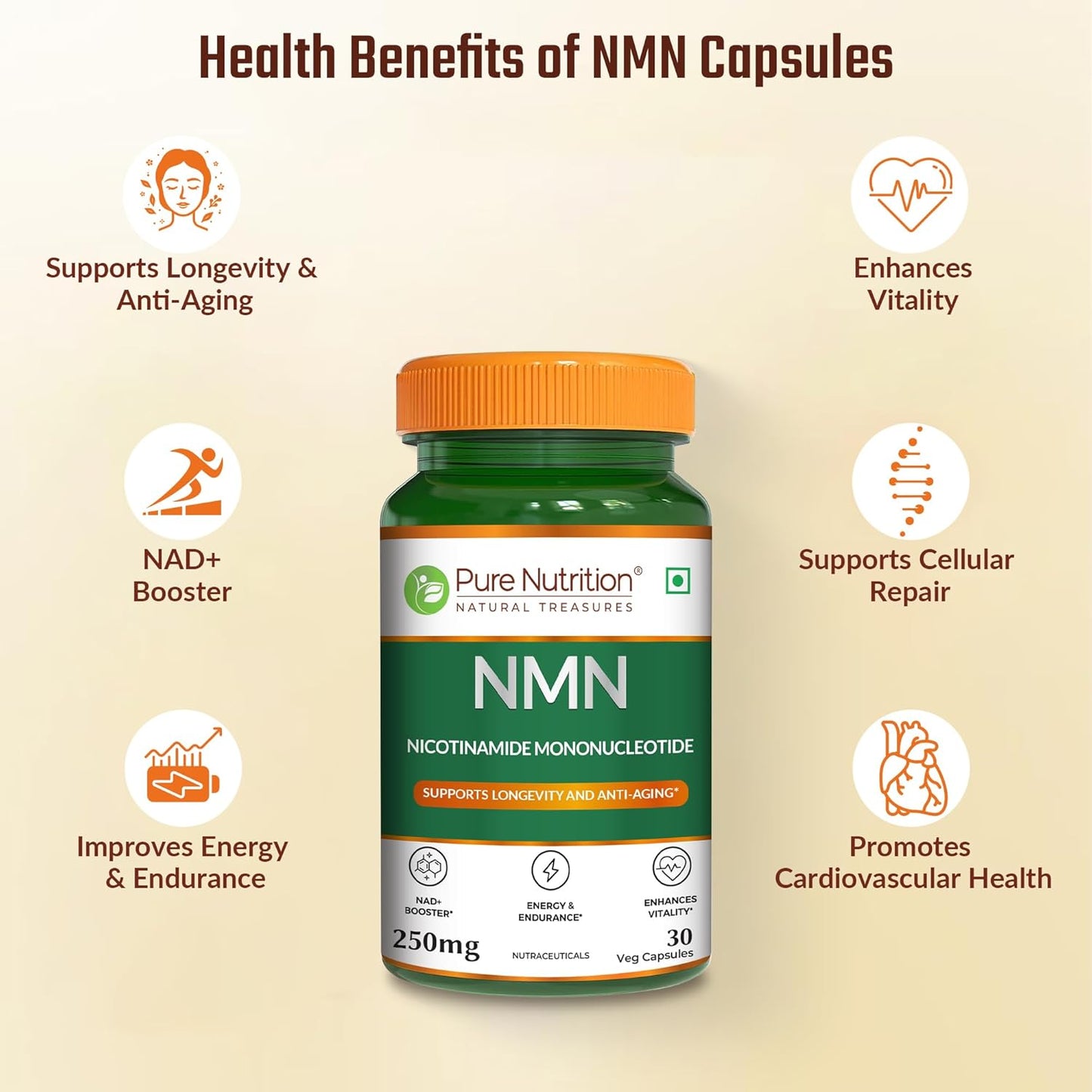 Pure Nutrition NMN, Nicotinamide Mononucleotide Capsules (250mg), Supports Longevity & Metabolism | Boosts NAD+ | Supports Healthy Aging & Increases Energy Levels - 30 Veg Capsules