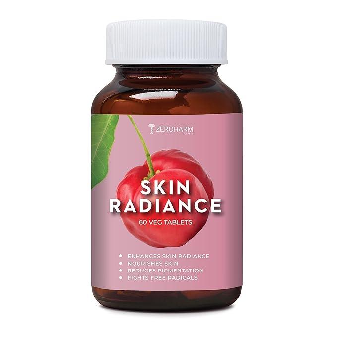 ZEROHARM Skin Radiance Supplement With L-Glutathione, Acerola Cherry Extract (Vitamin C), Vitamin B7(Biotin) & E - Helps Reduce Dark Spots, Brightens & Hydrates Skin for Men & Women - 60 Tablets
