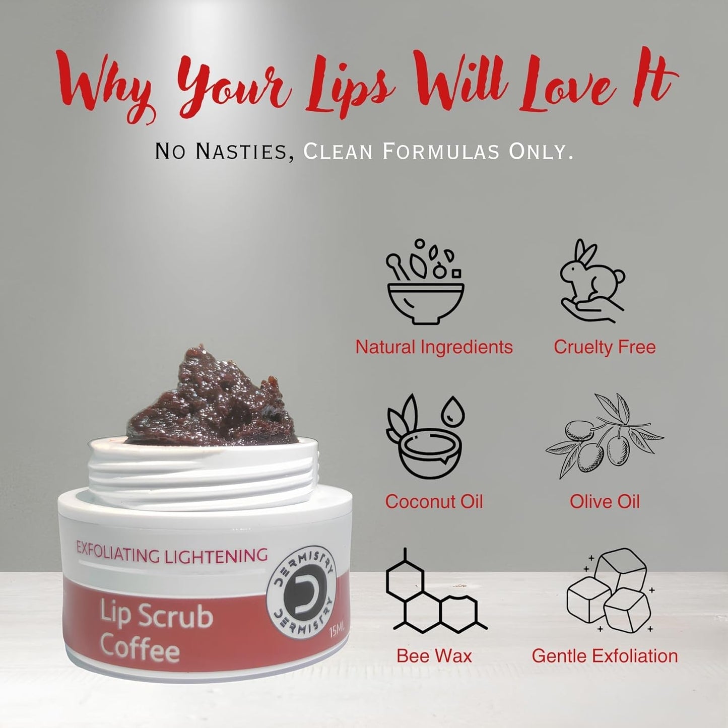 Dermistry Coffee Lip Scrub for Pigmentation Lightening Dark Lips - 15ml