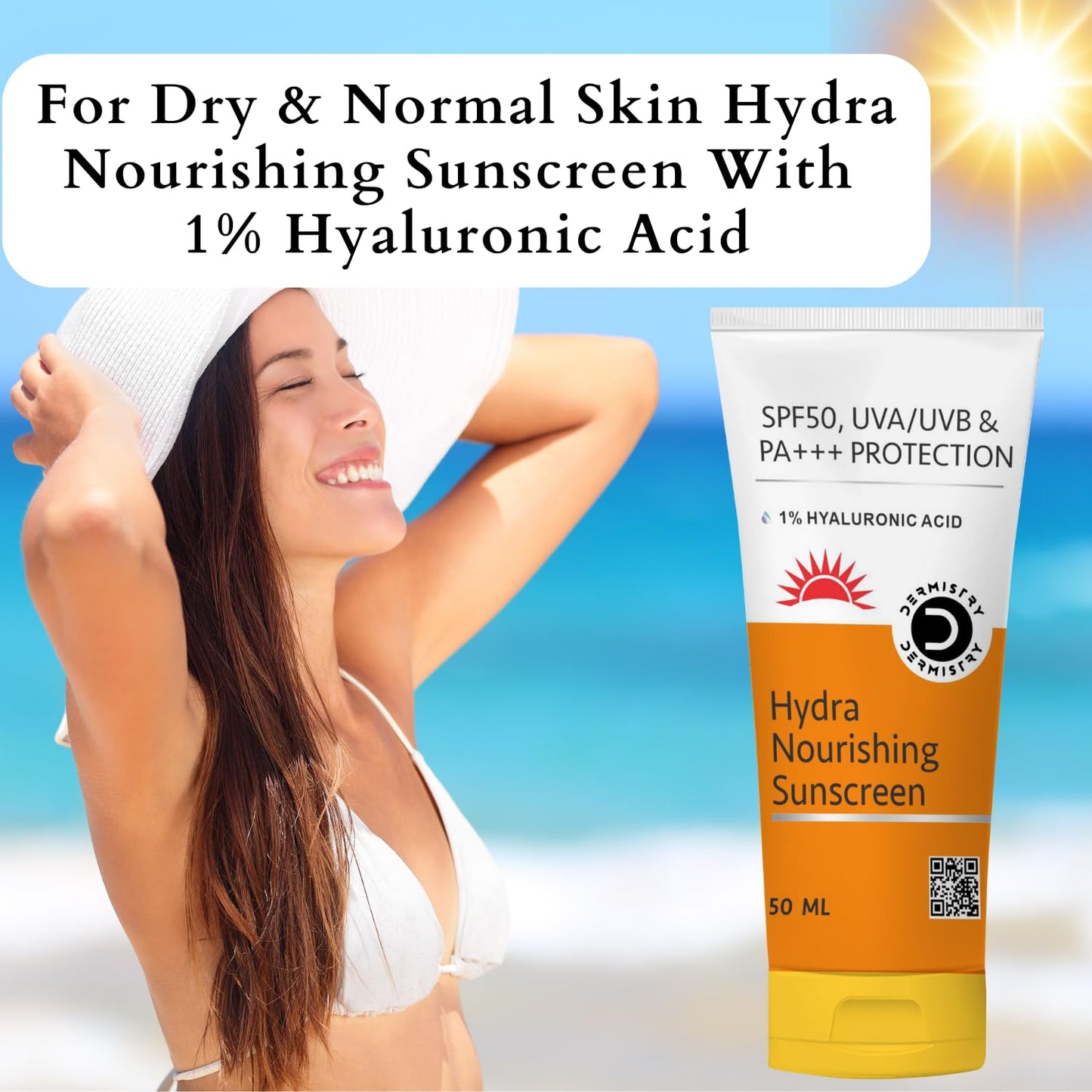 Dermistry Hydra Nourishing Sunscreen SPF-50 UVA/UVB and PA+++ Protection 1% Hyaluronic Acid Sunscreen SPF-50 Aqua Gel for Dry Skin