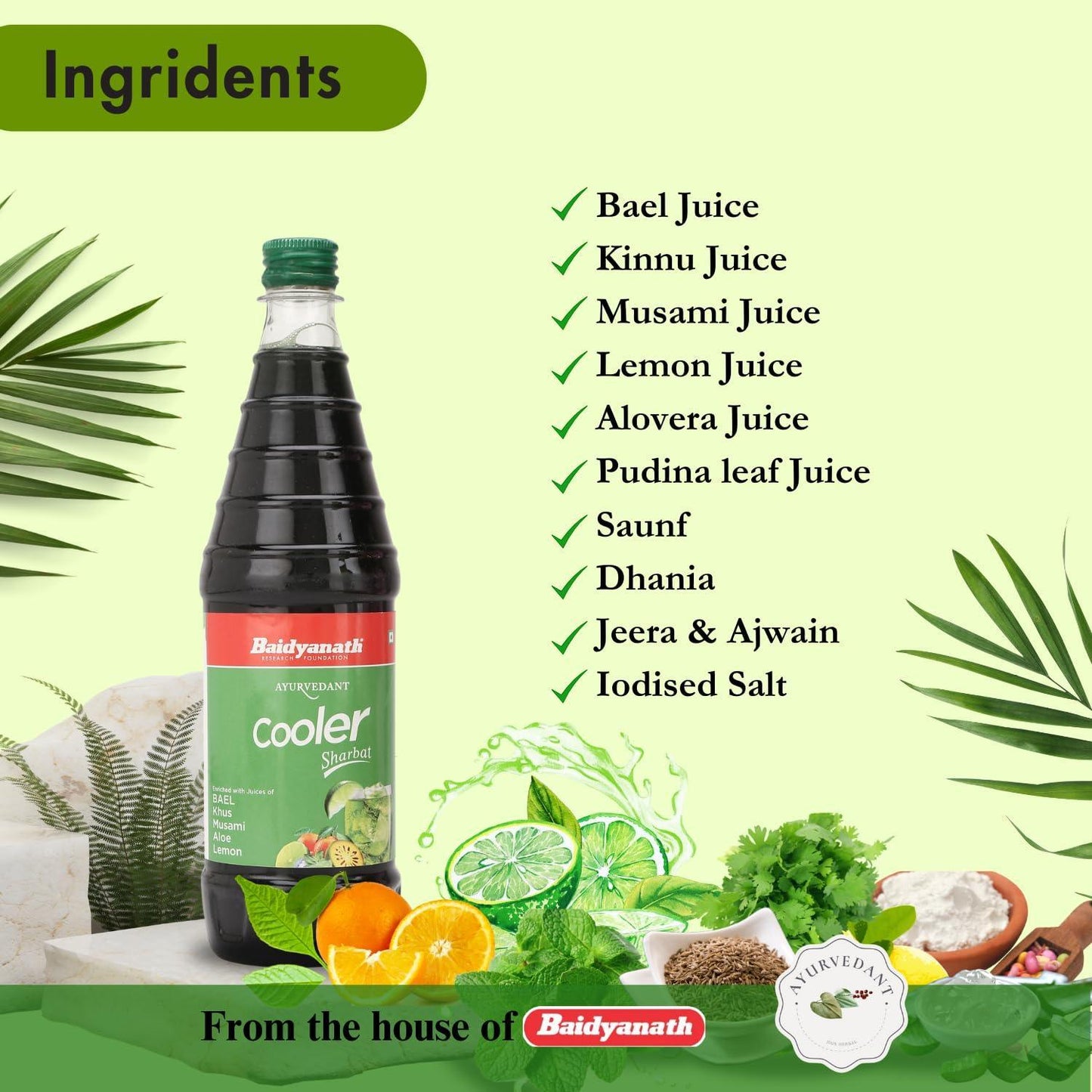 Baidyanath Ayurvedant Pure & Natural Cooler Sharbat - 750 ML