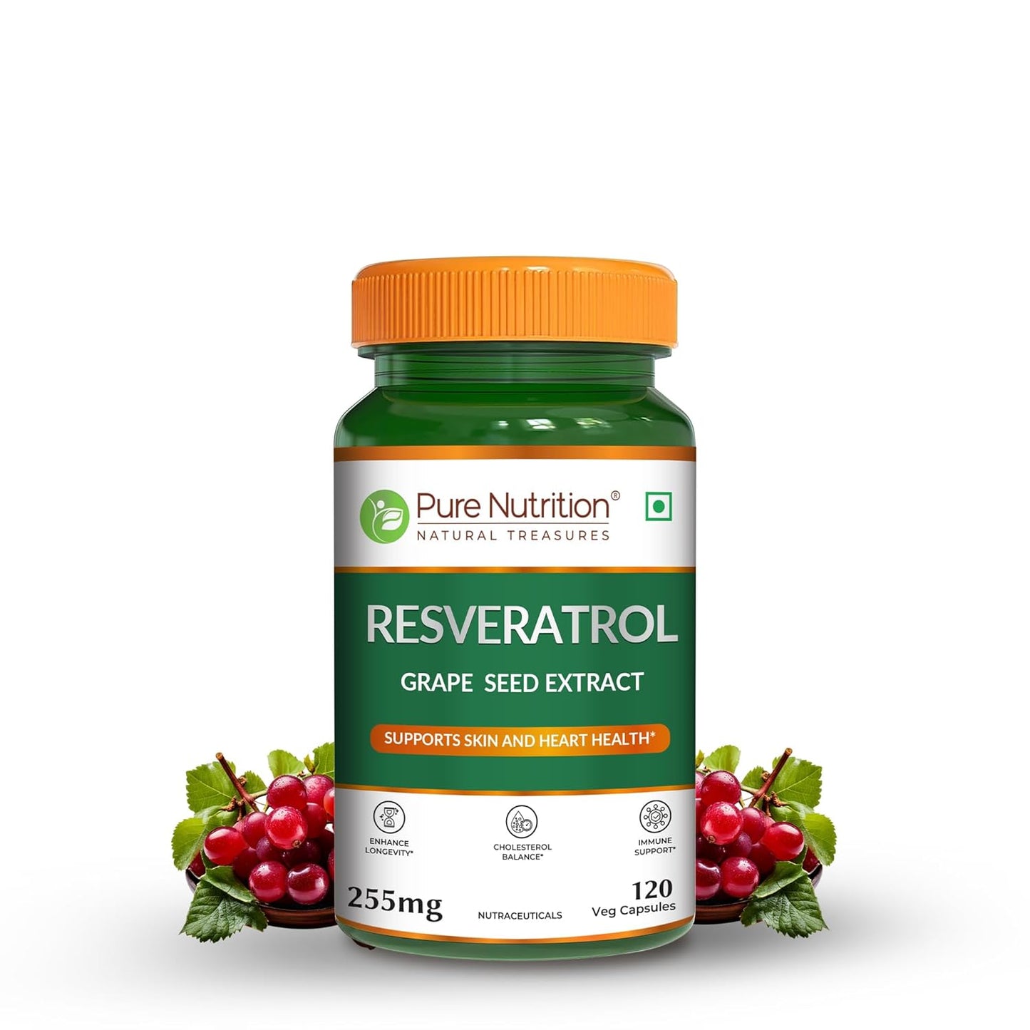 Pure Nutrition Resveratrol Capsules 255mg for Anti-Aging, Heart Health & Immunity | Powerful Antioxidant with Grape Seed Extract for Skin Radiance & Healthy Aging
